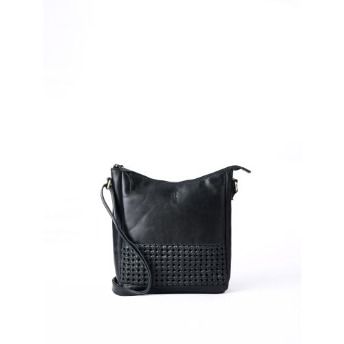 Waverton Woven Medium Leather Cross Body Bag in Black