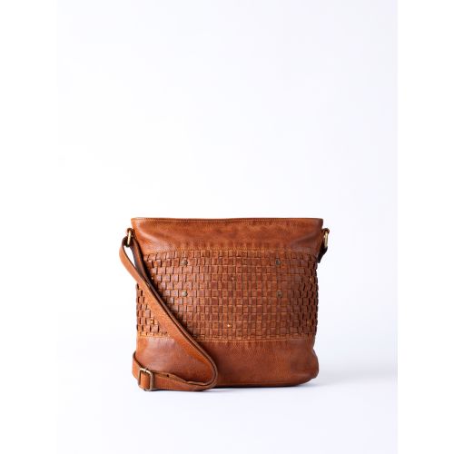 Storrs Woven Leather Cross Body Bag in Cognac